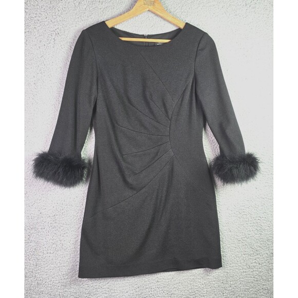 Tahari Black Ruched Side Pleat Feather Cuff Shift Dress 6 Cocktail Statement - Picture 2 of 13